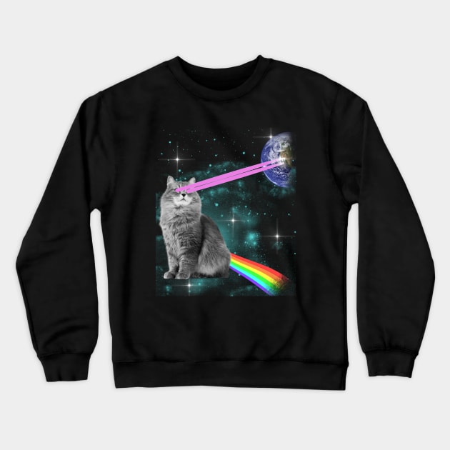 Outer Space Kitty Cat Laser Eyes Rainbow Earth Crewneck Sweatshirt by JakeRhodes